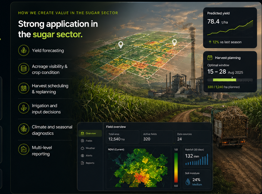 Sugar sector digital intelligence view with cane fields, mill logistics and yield forecasting cards